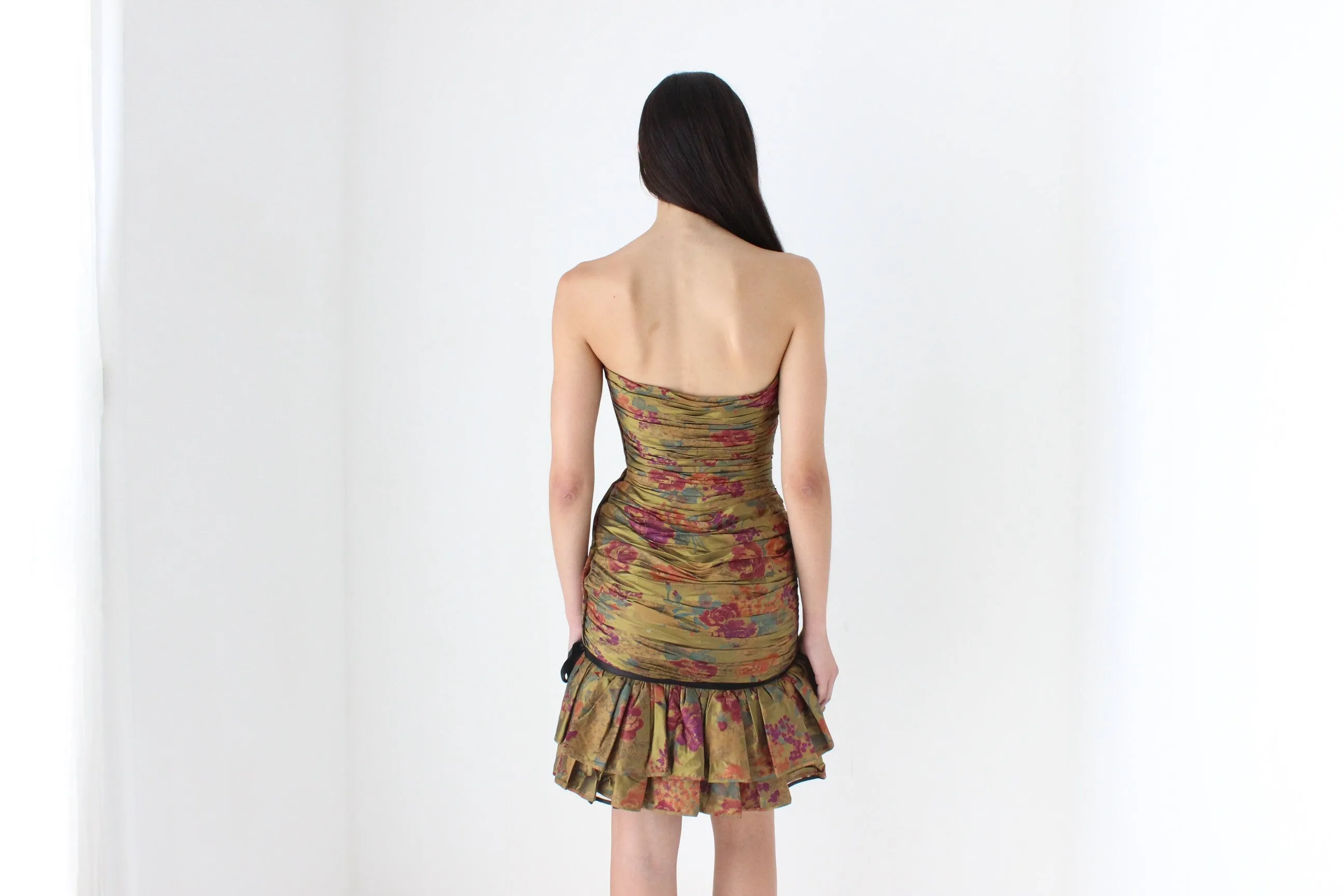 80s Emanuel Ungaro Pure Silk Taffeta Ruched Cocktail Mini Dress