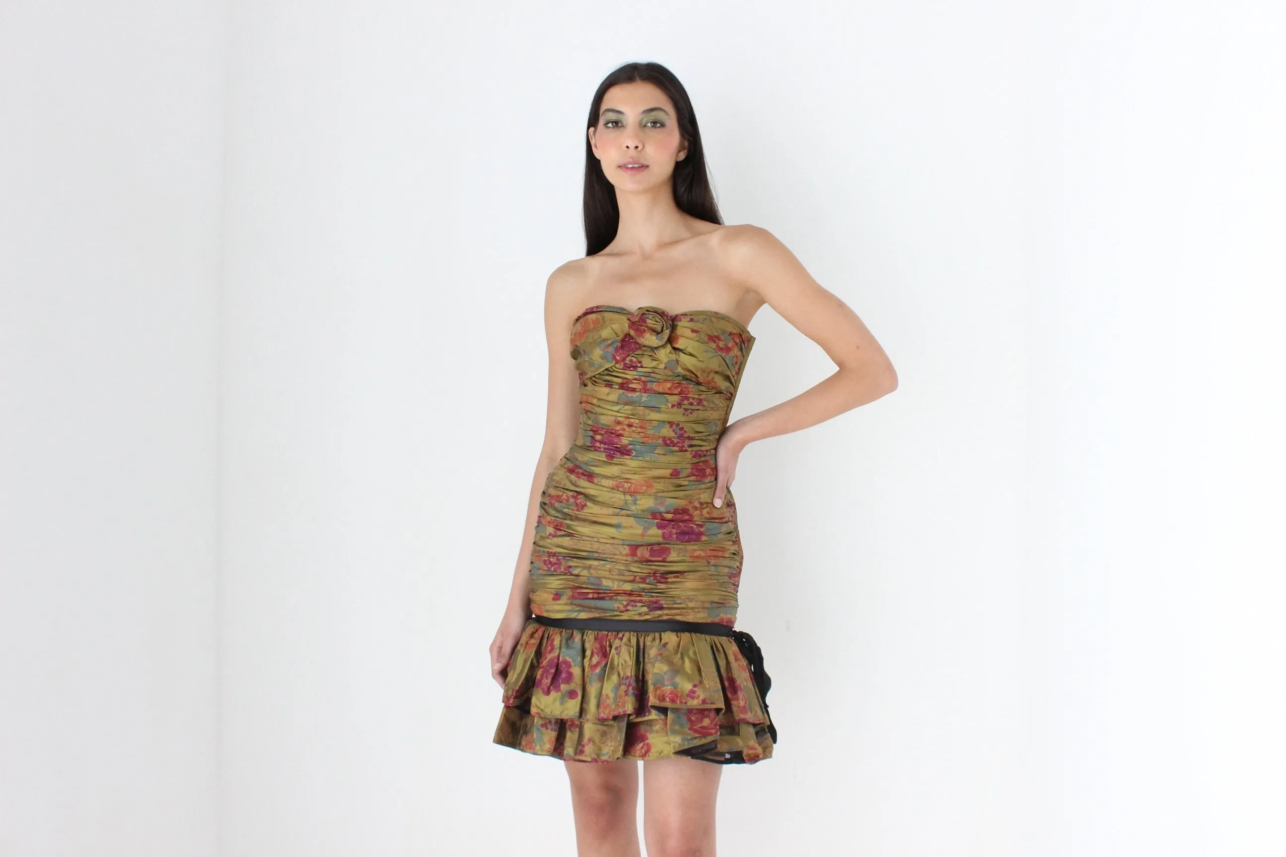 80s Emanuel Ungaro Pure Silk Taffeta Ruched Cocktail Mini Dress