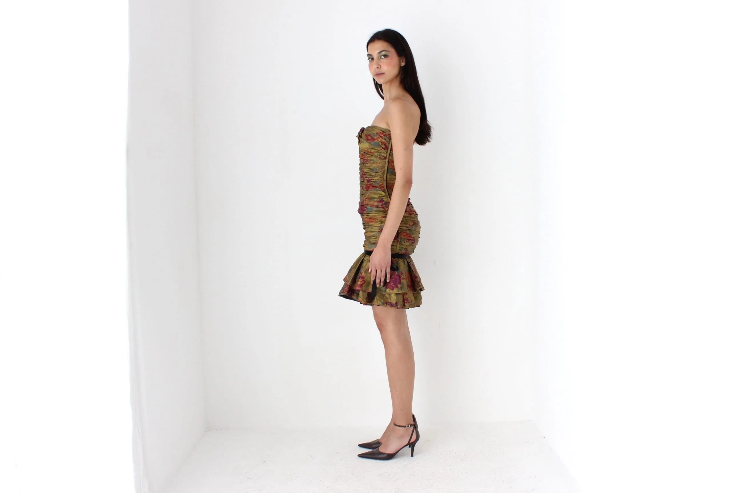 80s Emanuel Ungaro Pure Silk Taffeta Ruched Cocktail Mini Dress