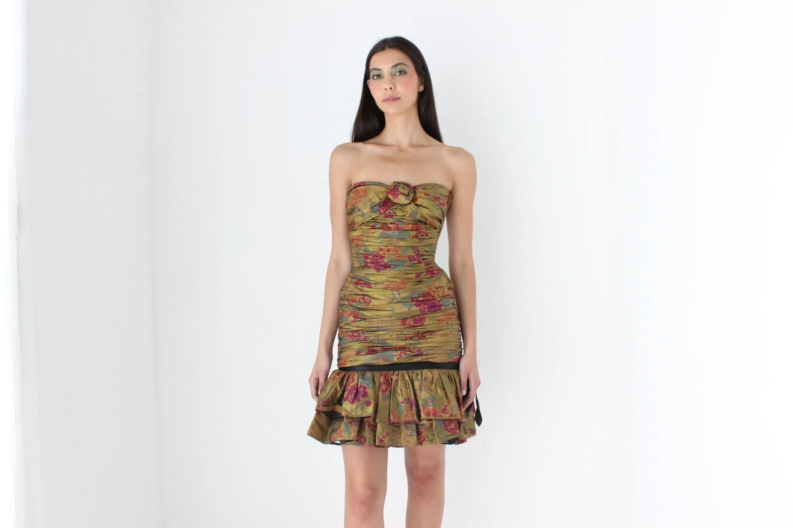 80s Emanuel Ungaro Pure Silk Taffeta Ruched Cocktail Mini Dress