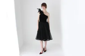 80s One Shoulder Velvet & Polka Dot Tulle Party Dress