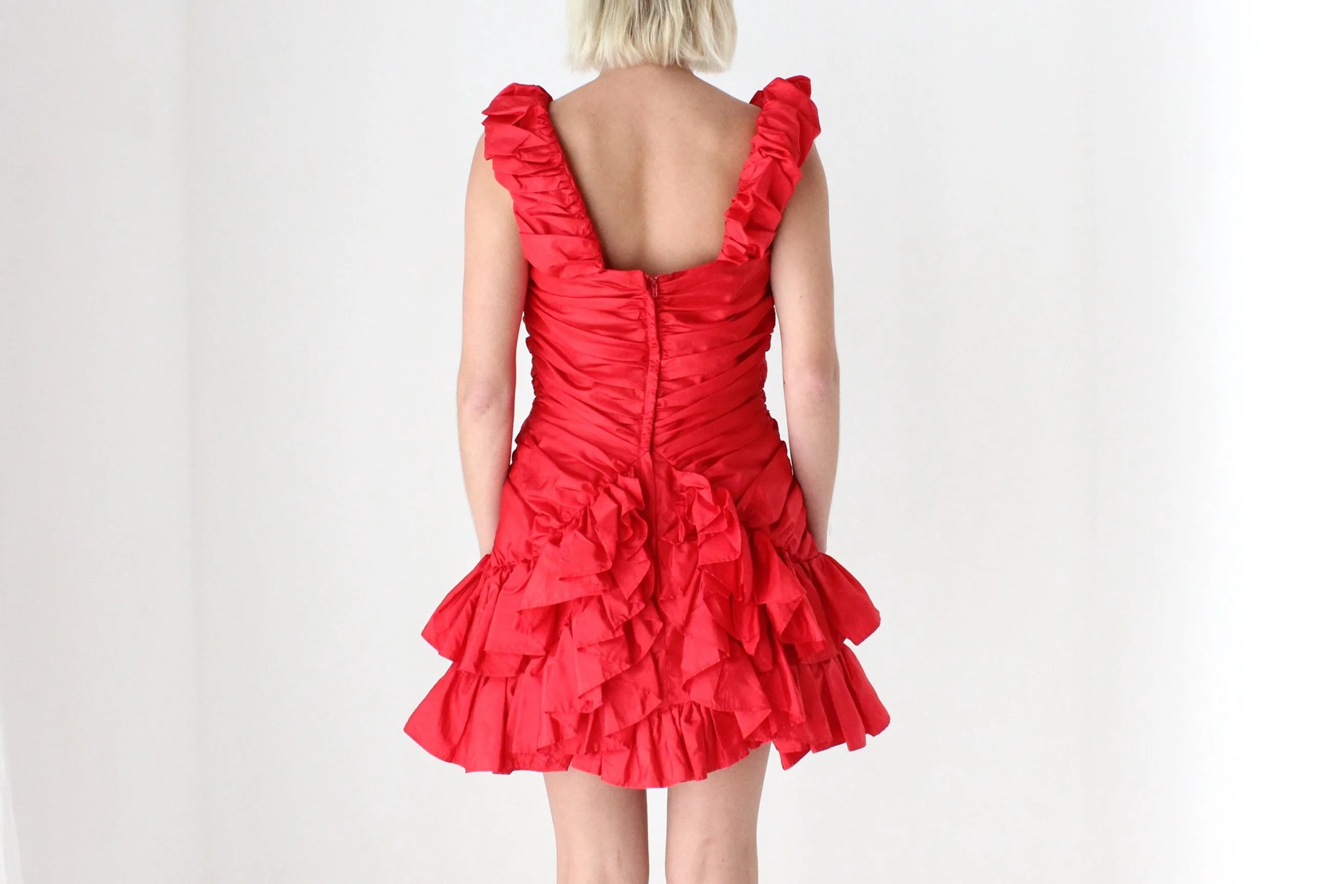 80s Red Ruched Taffeta Puff Party Dress