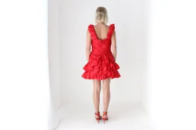 80s Red Ruched Taffeta Puff Party Dress