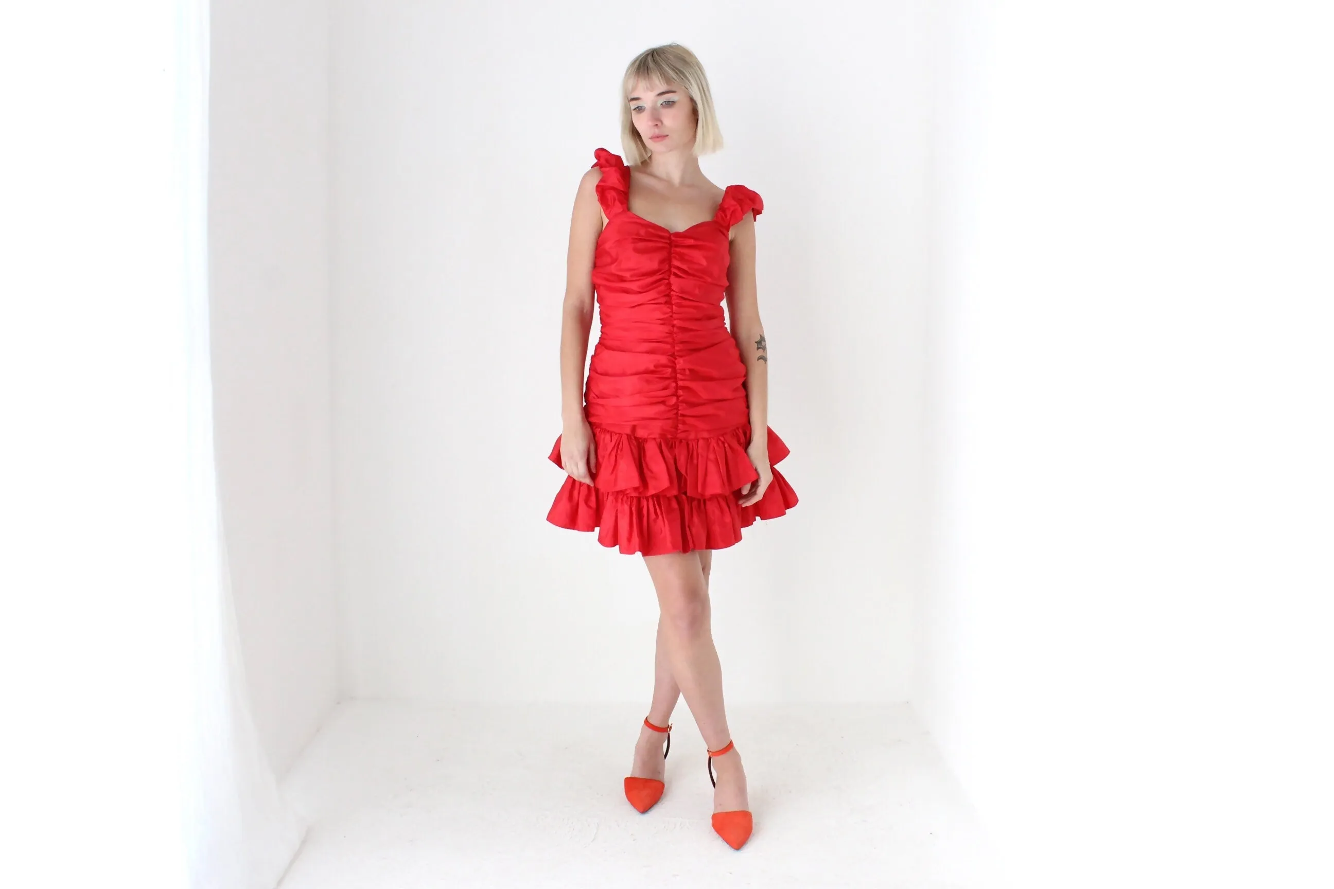 80s Red Ruched Taffeta Puff Party Dress