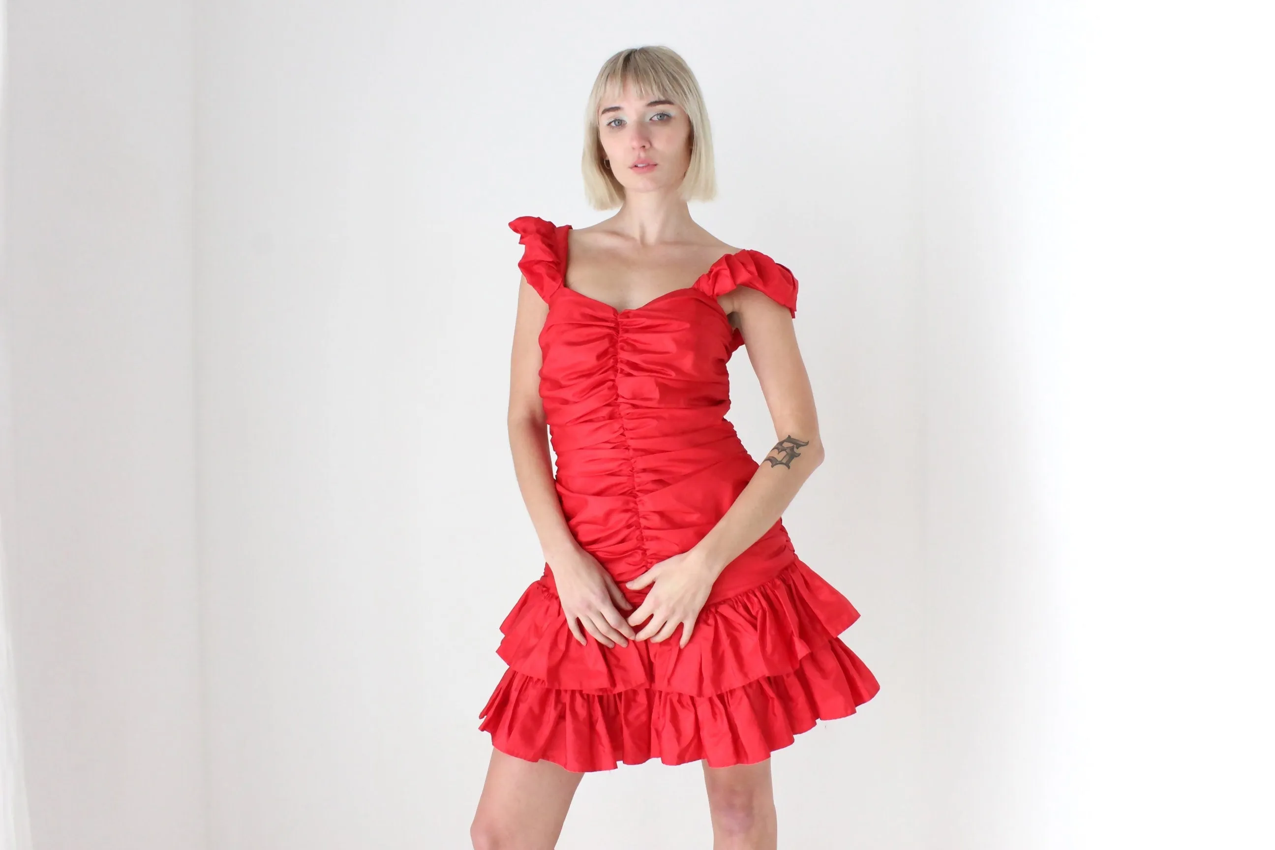 80s Red Ruched Taffeta Puff Party Dress