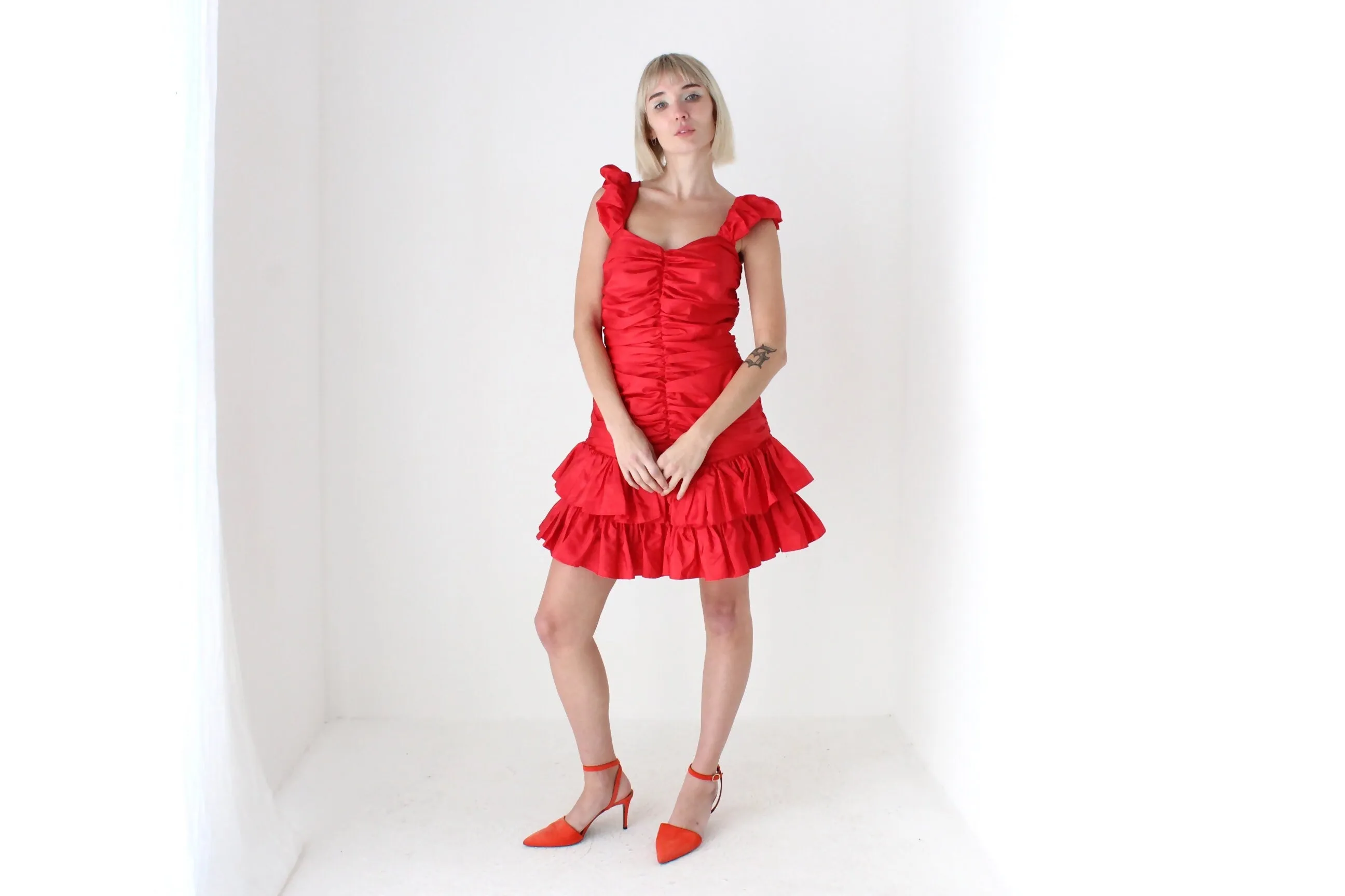 80s Red Ruched Taffeta Puff Party Dress
