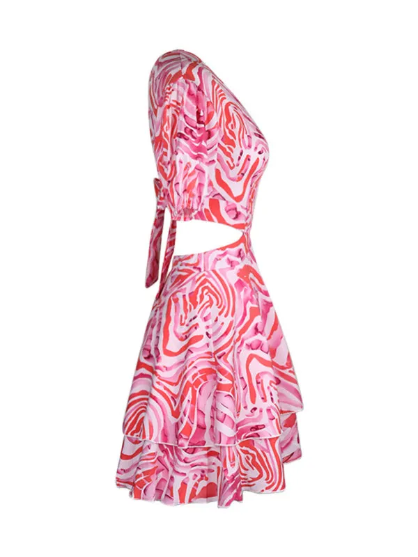 Abstract Print Puff Sleeves Open Back Dress