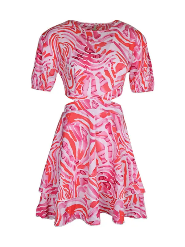 Abstract Print Puff Sleeves Open Back Dress
