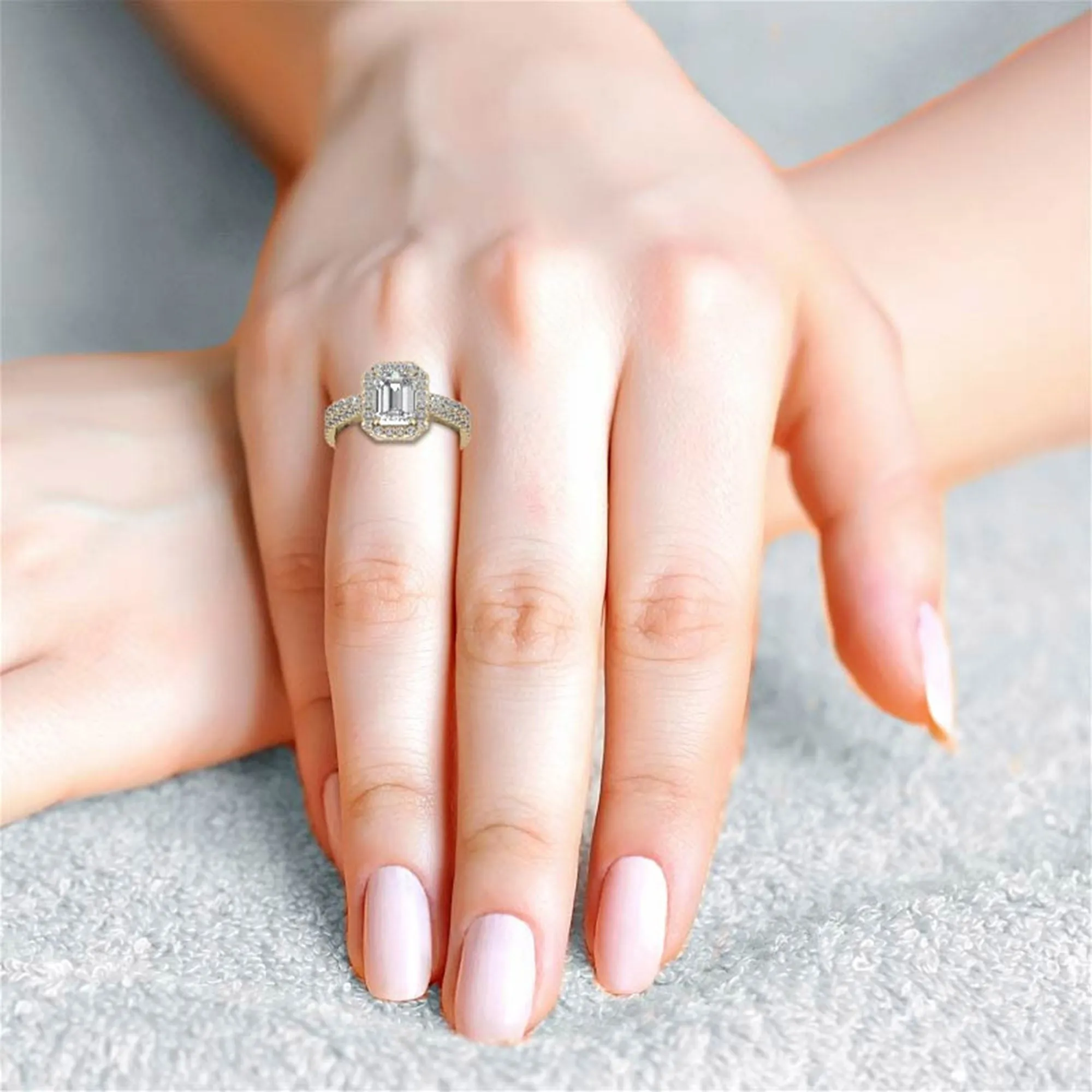 Adjustable  Sterling Silver Engagement Yellow Gold Emerald-Cut Ring For Woman