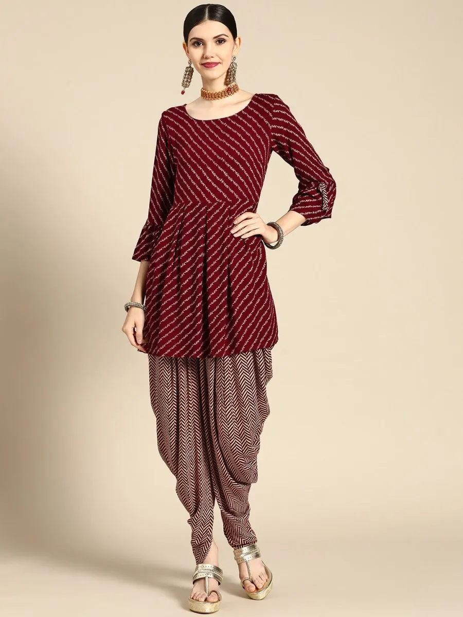 Anouk Women Maroon Ethnic Motifs Printed Empire Kurta with Dhoti Pants