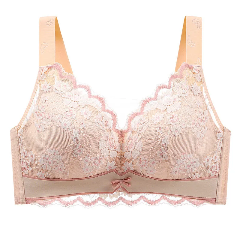 Big breasts show small breasts underwear women's thin gathered lace bra without steel ring large size side breasts to prevent sagging full cup