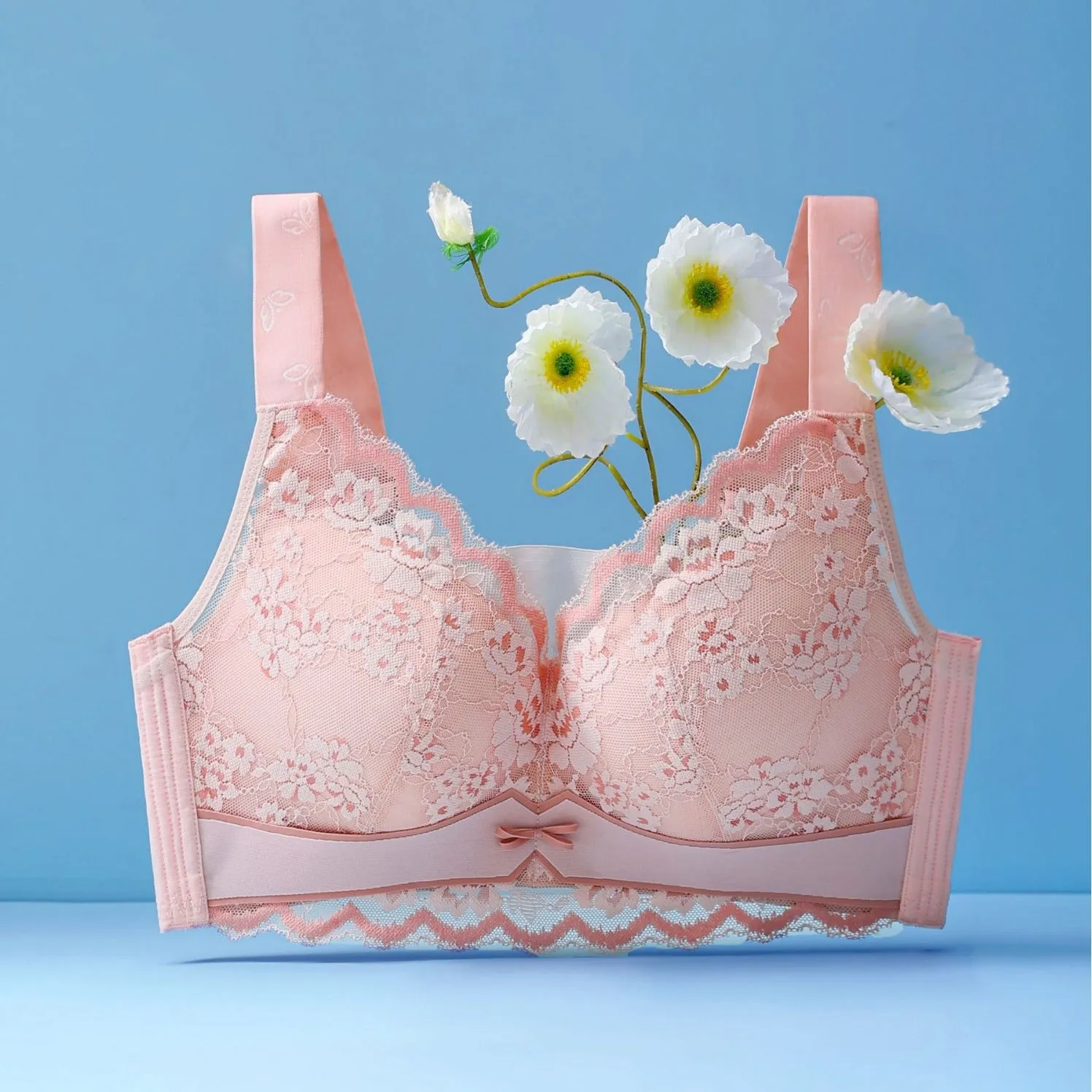Big breasts show small breasts underwear women's thin gathered lace bra without steel ring large size side breasts to prevent sagging full cup