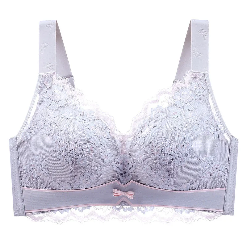 Big breasts show small breasts underwear women's thin gathered lace bra without steel ring large size side breasts to prevent sagging full cup