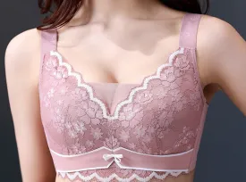 Big breasts show small breasts underwear women's thin gathered lace bra without steel ring large size side breasts to prevent sagging full cup