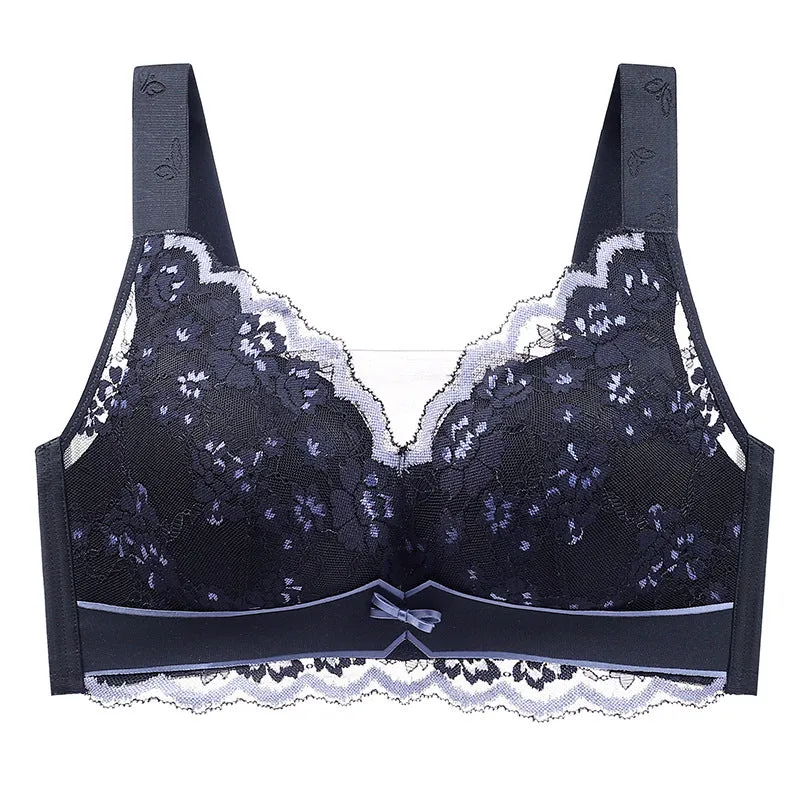 Big breasts show small breasts underwear women's thin gathered lace bra without steel ring large size side breasts to prevent sagging full cup
