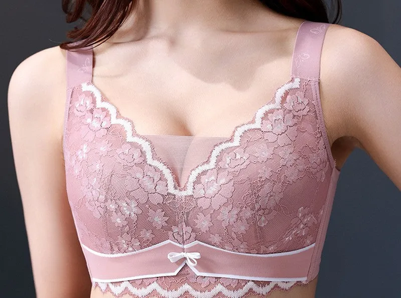 Big breasts show small breasts underwear women's thin gathered lace bra without steel ring large size side breasts to prevent sagging full cup