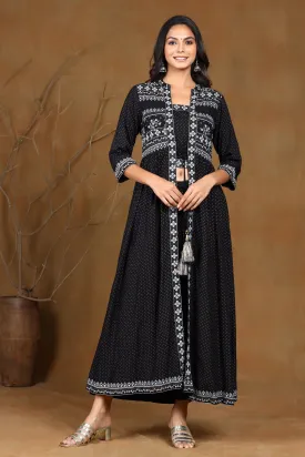 Black Rayon Printed Jacket Style Kurta & Pants Set