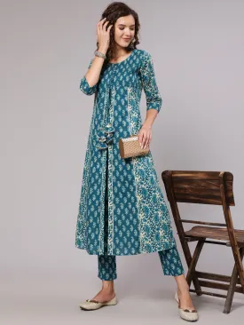 Blue Cotton Printed Embellished A-Line Flared Kali Kurta With Pants