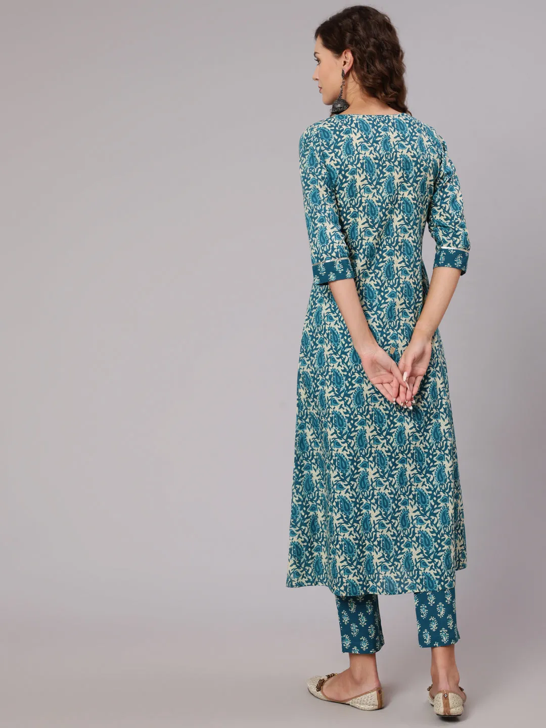 Blue Cotton Printed Embellished A-Line Flared Kali Kurta With Pants