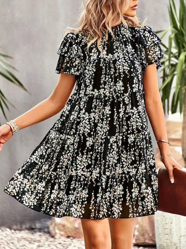 Boho-Chic Mini Dress with Butterfly Sleeves and Ruffle Details