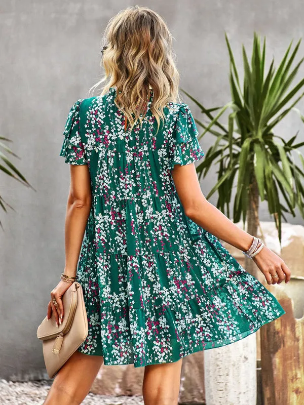 Boho-Chic Mini Dress with Butterfly Sleeves and Ruffle Details