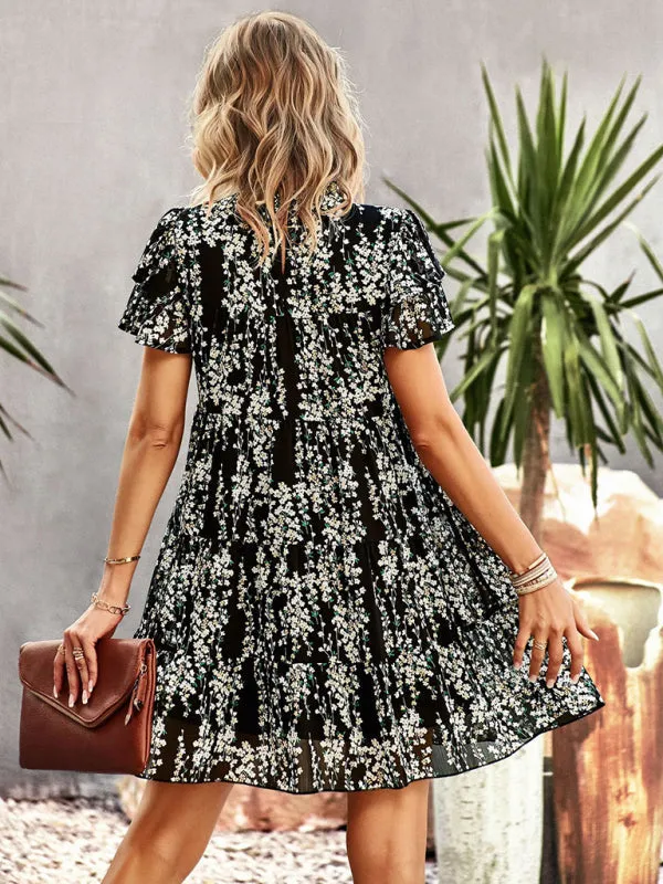 Boho-Chic Mini Dress with Butterfly Sleeves and Ruffle Details