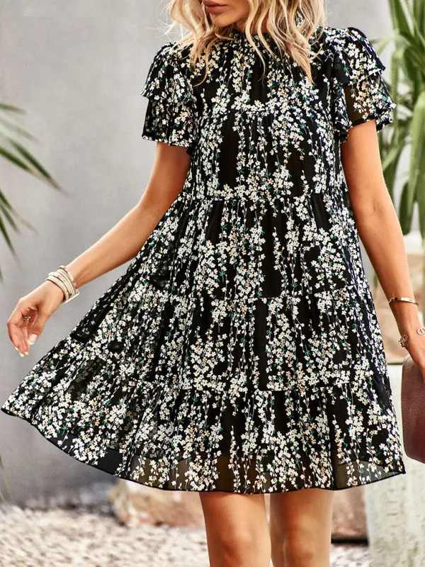 Boho-Chic Mini Dress with Butterfly Sleeves and Ruffle Details
