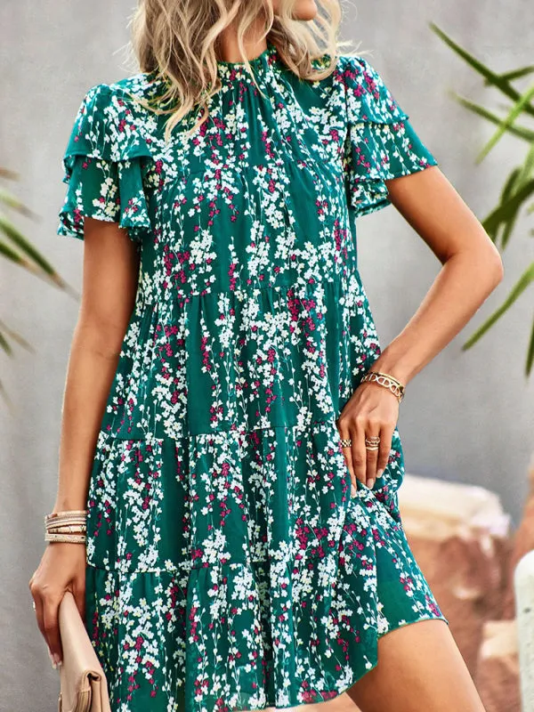 Boho-Chic Mini Dress with Butterfly Sleeves and Ruffle Details