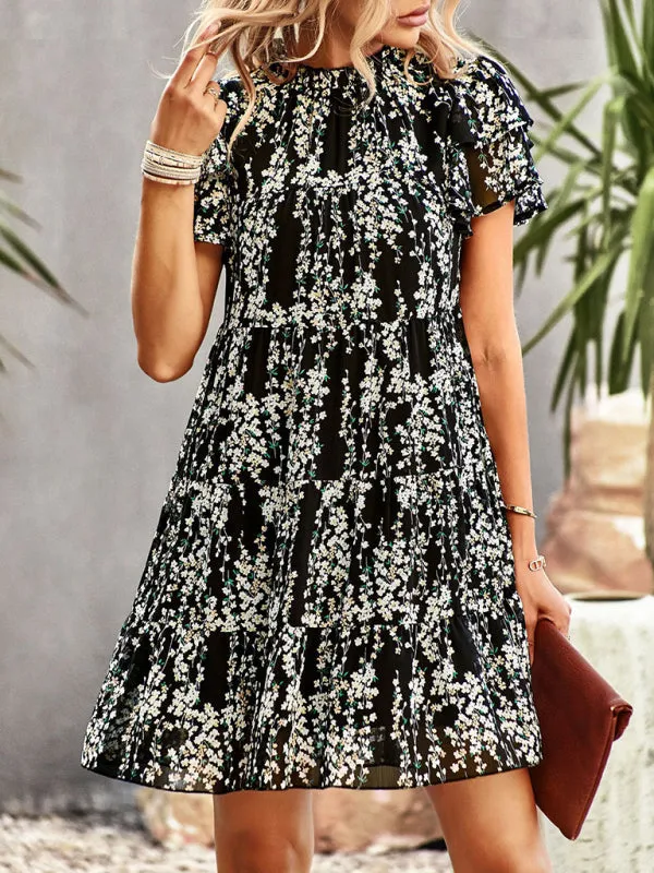 Boho-Chic Mini Dress with Butterfly Sleeves and Ruffle Details