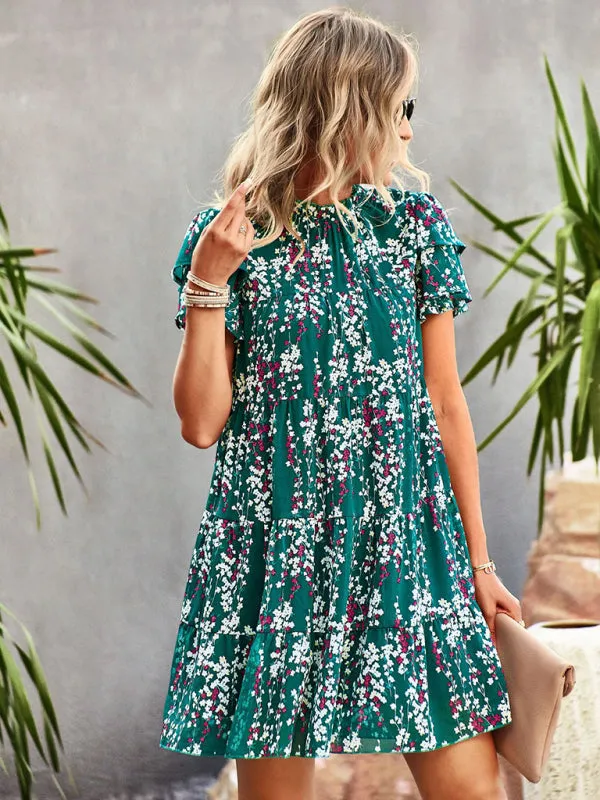 Boho-Chic Mini Dress with Butterfly Sleeves and Ruffle Details