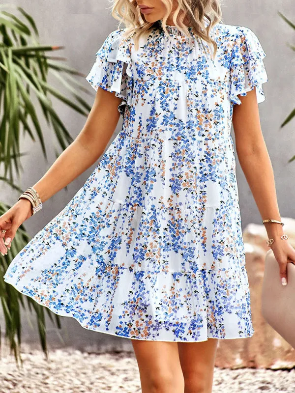 Boho-Chic Mini Dress with Butterfly Sleeves and Ruffle Details