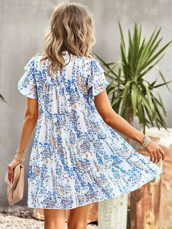 Boho-Chic Mini Dress with Butterfly Sleeves and Ruffle Details