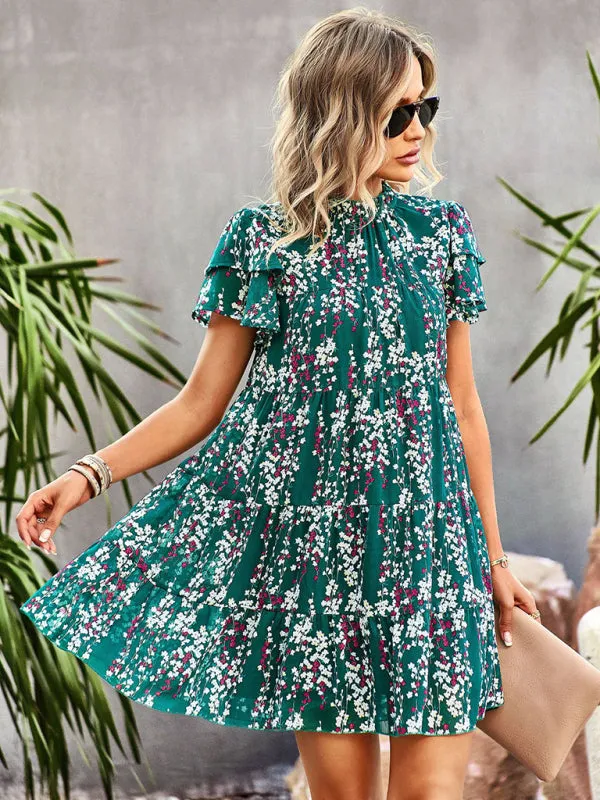 Boho-Chic Mini Dress with Butterfly Sleeves and Ruffle Details