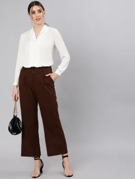 Brown Cotton Slub Flared High Rise Parallel Pants