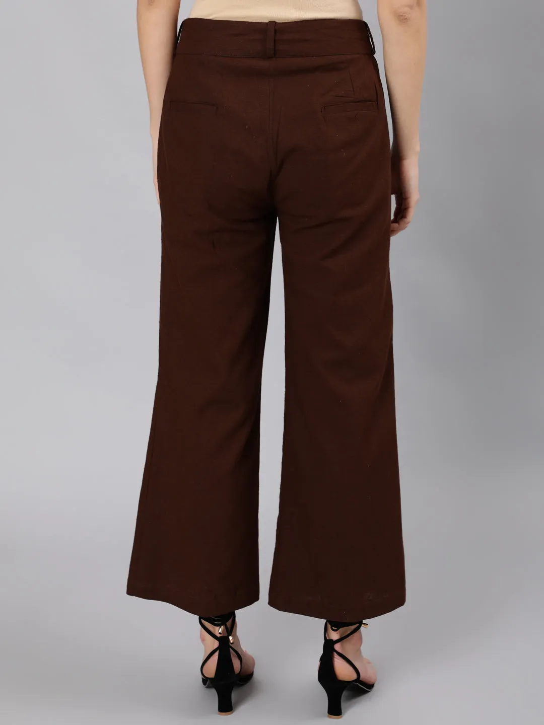 Brown Cotton Slub Flared High Rise Parallel Pants
