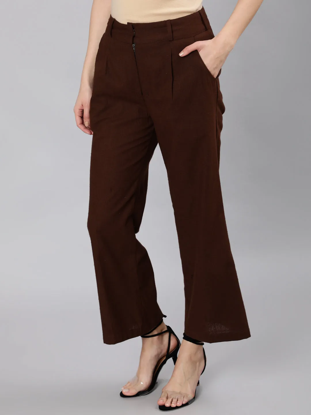 Brown Cotton Slub Flared High Rise Parallel Pants