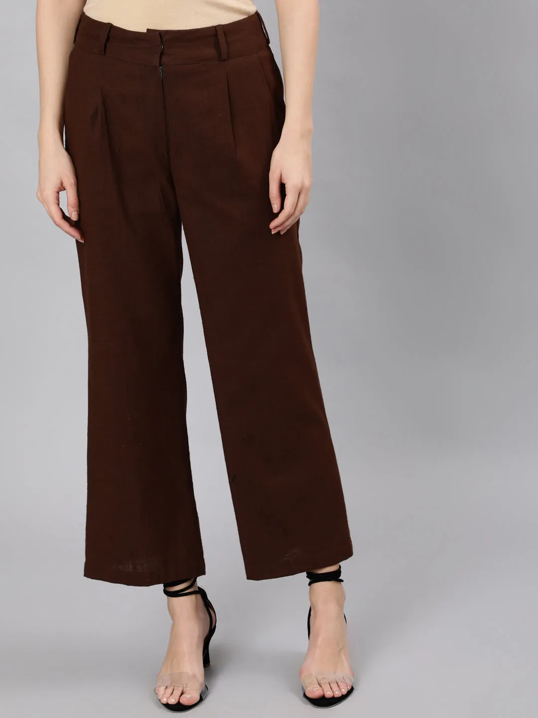 Brown Cotton Slub Flared High Rise Parallel Pants