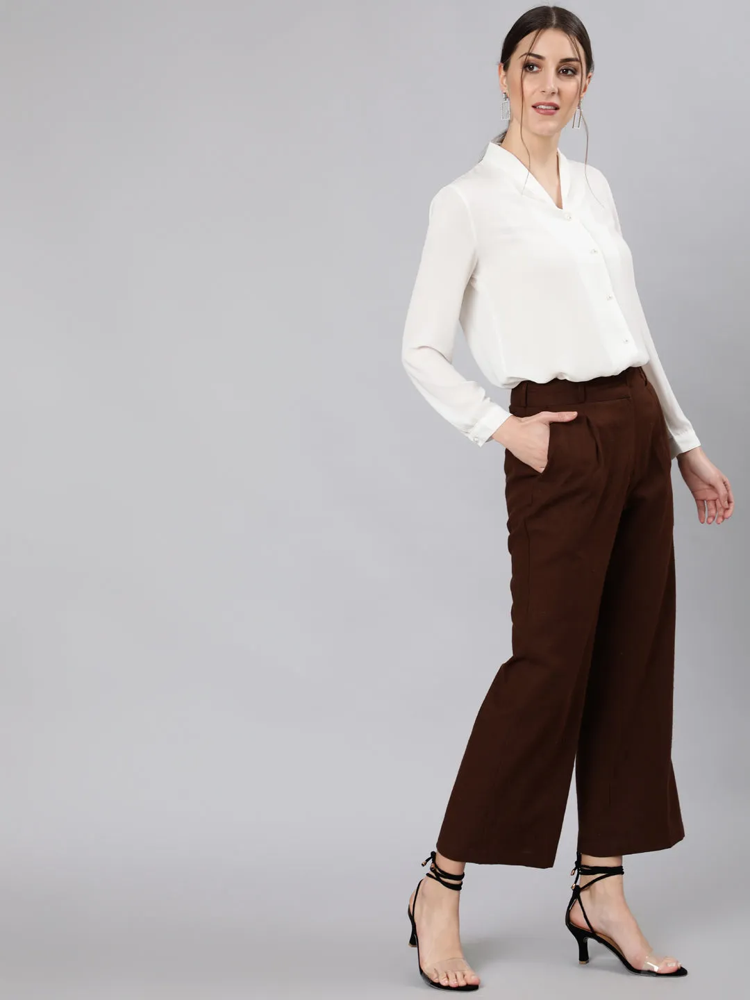 Brown Cotton Slub Flared High Rise Parallel Pants