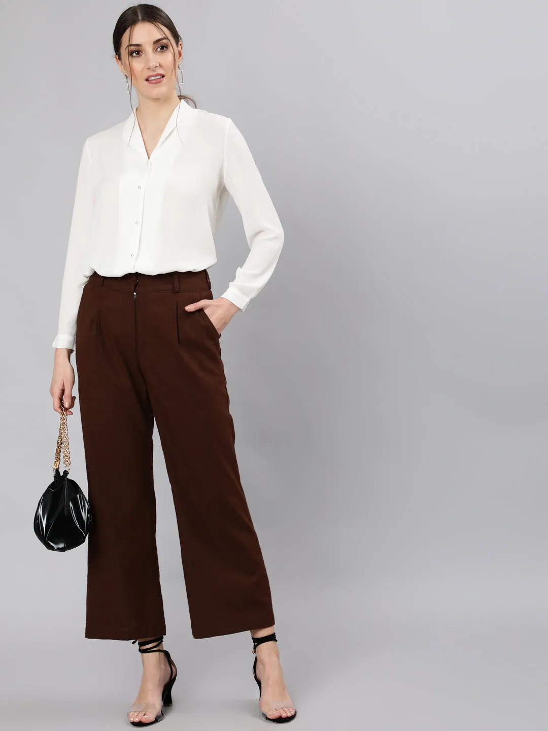 Brown Cotton Slub Flared High Rise Parallel Pants