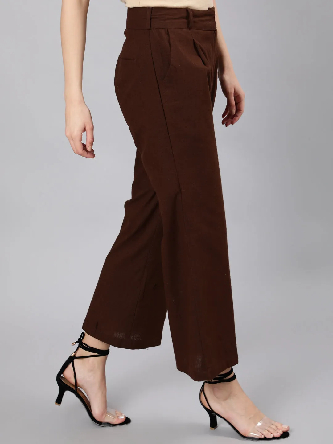 Brown Cotton Slub Flared High Rise Parallel Pants