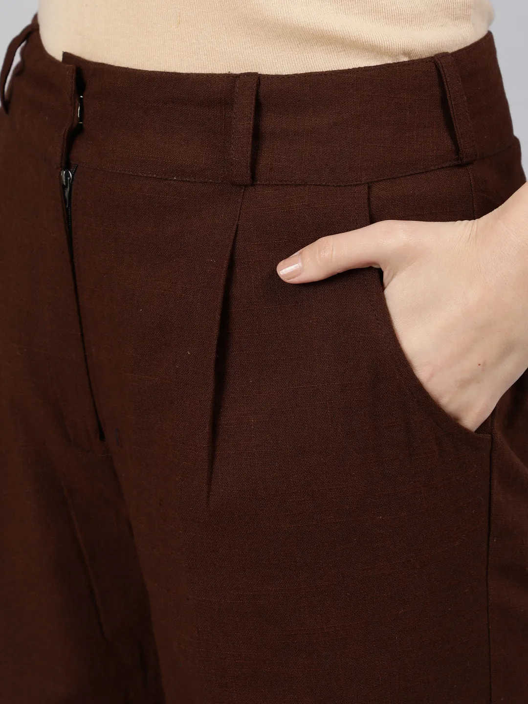 Brown Cotton Slub Flared High Rise Parallel Pants
