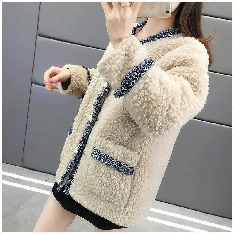 cold weather outfits Joskaa 2024 New Fleece-Lined and Thickened Tweed Style Women's Leather Top Coat Lamb Wool Jacket Natural Fur Top For Winter Season