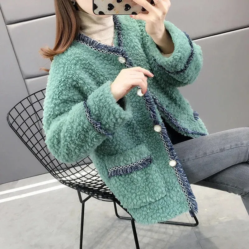 cold weather outfits Joskaa 2024 New Fleece-Lined and Thickened Tweed Style Women's Leather Top Coat Lamb Wool Jacket Natural Fur Top For Winter Season