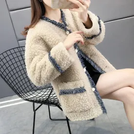 cold weather outfits Joskaa 2024 New Fleece-Lined and Thickened Tweed Style Women's Leather Top Coat Lamb Wool Jacket Natural Fur Top For Winter Season