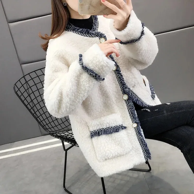 cold weather outfits Joskaa 2024 New Fleece-Lined and Thickened Tweed Style Women's Leather Top Coat Lamb Wool Jacket Natural Fur Top For Winter Season