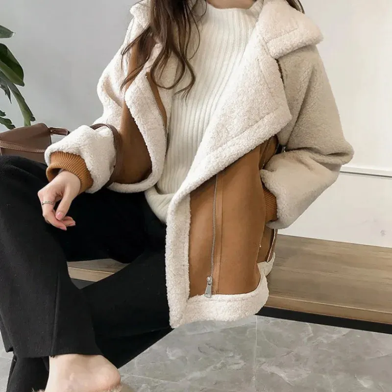 cold weather outfits Joskaa Versatile Tweed Style Jacket 2024 Women's Loose Fit Integrated Chamois Leather Fleece Cropped Sheep Fleece Motorcycle Jacket