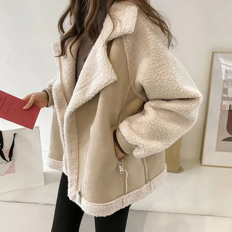 cold weather outfits Joskaa Versatile Tweed Style Jacket 2024 Women's Loose Fit Integrated Chamois Leather Fleece Cropped Sheep Fleece Motorcycle Jacket