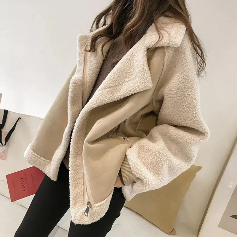 cold weather outfits Joskaa Versatile Tweed Style Jacket 2024 Women's Loose Fit Integrated Chamois Leather Fleece Cropped Sheep Fleece Motorcycle Jacket