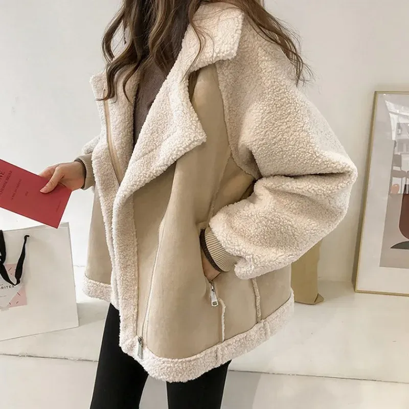 cold weather outfits Joskaa Versatile Tweed Style Jacket 2024 Women's Loose Fit Integrated Chamois Leather Fleece Cropped Sheep Fleece Motorcycle Jacket