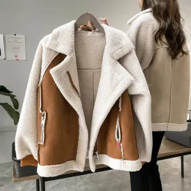 cold weather outfits Joskaa Versatile Tweed Style Jacket 2024 Women's Loose Fit Integrated Chamois Leather Fleece Cropped Sheep Fleece Motorcycle Jacket